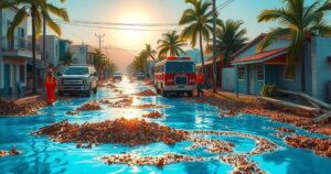 Cleanup operations in Puerto Escondido with flooded streets and debris removal after Hurricane Erick passed through.
