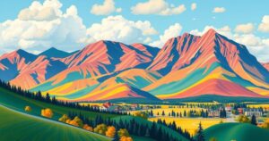Sunny Spokane weather with partly cloudy skies and colorful mountains, perfect for the weekend activities.