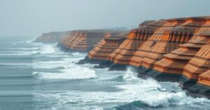 Dhanushkodi coastline with rugged sands and turbulent waves, symbolizing challenges of illegal sea crossings.