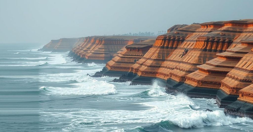 Dhanushkodi coastline with rugged sands and turbulent waves, symbolizing challenges of illegal sea crossings.