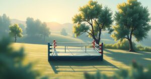 A serene landscape with a boxing ring surrounded by soft colors and peaceful trees, symbolizing unity and respect.