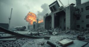 A military strike scene illustrating destruction at a facility, emphasizing the impact on nuclear capabilities.