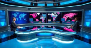 Two news anchors analyzing trade claims in a newsroom with screen displays and contemporary decor.