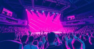 Vibrant concert scene featuring a large audience enjoying a lively performance with colorful stage lights.