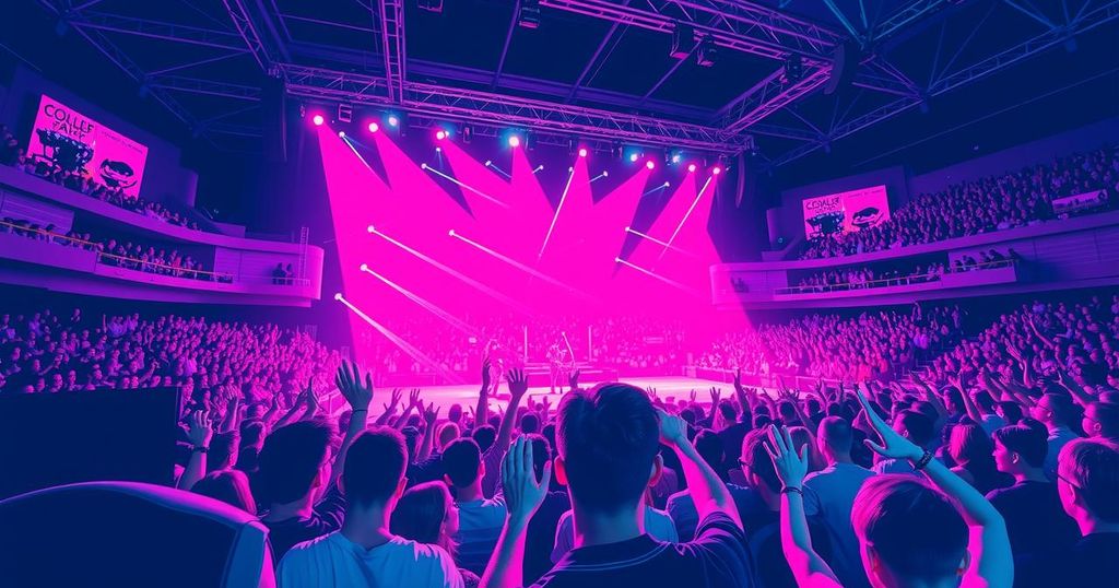 Vibrant concert scene featuring a large audience enjoying a lively performance with colorful stage lights.