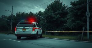 A police vehicle parked near a crime scene with caution tape, surrounded by trees and a gloomy atmosphere.