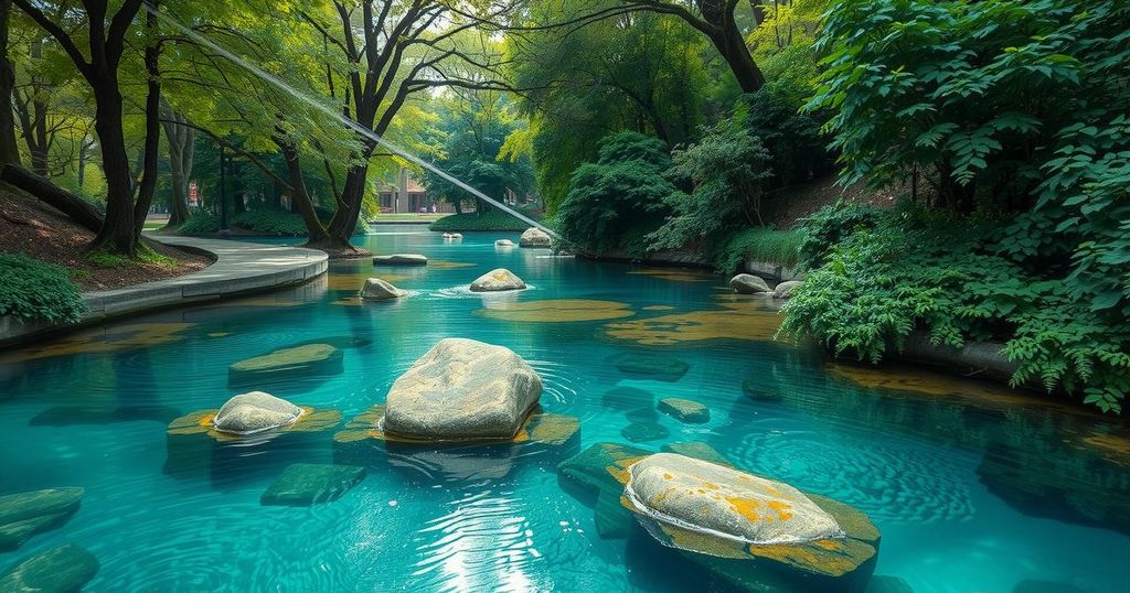 Bystanders near a creek, trees reflecting in water, showcasing natural beauty and potential unseen dangers.