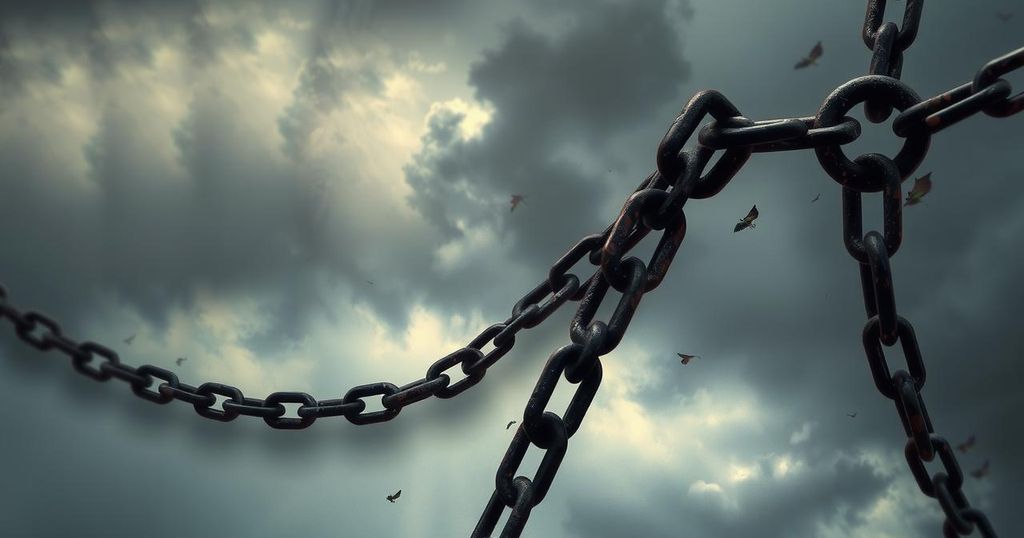 A depiction of Sudan's political unrest symbolized by broken chains and a stormy sky, in muted colors.