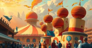 Vibrant film scene capturing a historical festival atmosphere with creative elements and warm color palette.