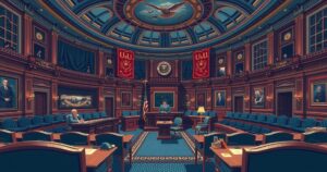 A symbolic representation of U.S. Senate proceedings on military actions, showcasing a divided chamber with flags.