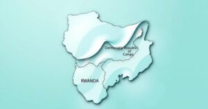 A map of the Democratic Republic of Congo and Rwanda depicting symbols of peace and cooperation, in vibrant colors