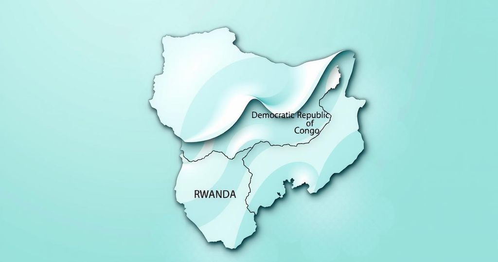 A map of the Democratic Republic of Congo and Rwanda depicting symbols of peace and cooperation, in vibrant colors