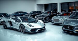 An overview of luxury cars with a sleek design and modern color scheme, representing the automotive industry.
