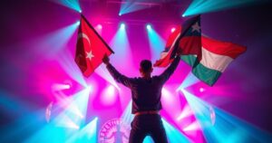 A performer on a stage holding flags with vibrant colors amidst dynamic lighting at a halftime show.