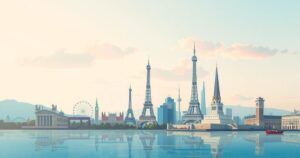 Illustration of diverse global landmarks symbolizing unity and peace under a soft pastel color palette.