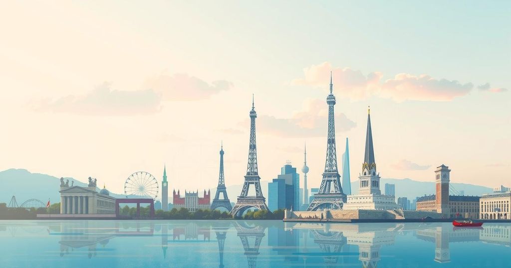 Illustration of diverse global landmarks symbolizing unity and peace under a soft pastel color palette.