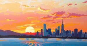 A serene sunset over a city skyline, showcasing warm colors and a sense of calm amidst tension.