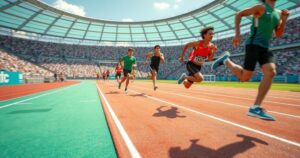 A sleek racetrack surrounded by vibrant stadium, showcasing a men’s 400m running competition in full motion.