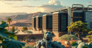 A serene landscape depicting a high-density data center with energy-efficient technology in Botswana's environment.