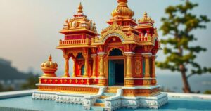 An ornate temple sculpture in vibrant colors, reflecting Indian craftsmanship with intricate details and a serene setting.