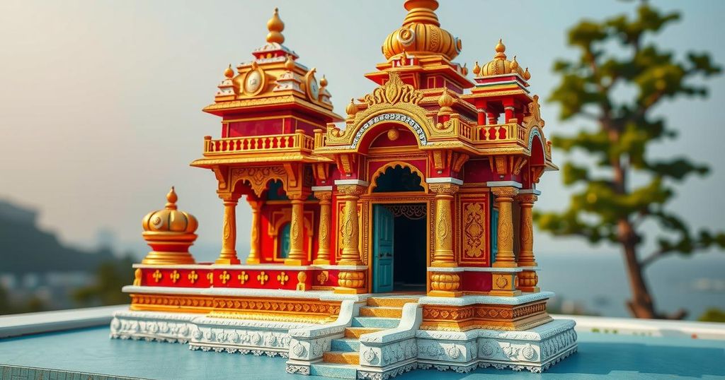 An ornate temple sculpture in vibrant colors, reflecting Indian craftsmanship with intricate details and a serene setting.