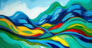 Colorful abstract landscape in a bold artistic style with vibrant colors and smooth gradients.
