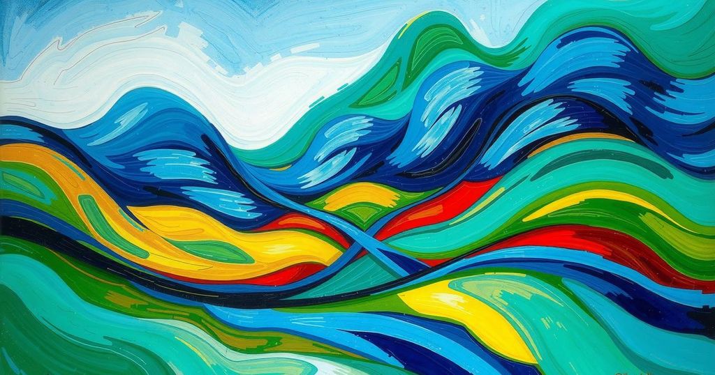 Colorful abstract landscape in a bold artistic style with vibrant colors and smooth gradients.