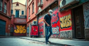 Young Colombian street with graffiti and abandoned structures, reflecting a history of conflict and youth vulnerability.