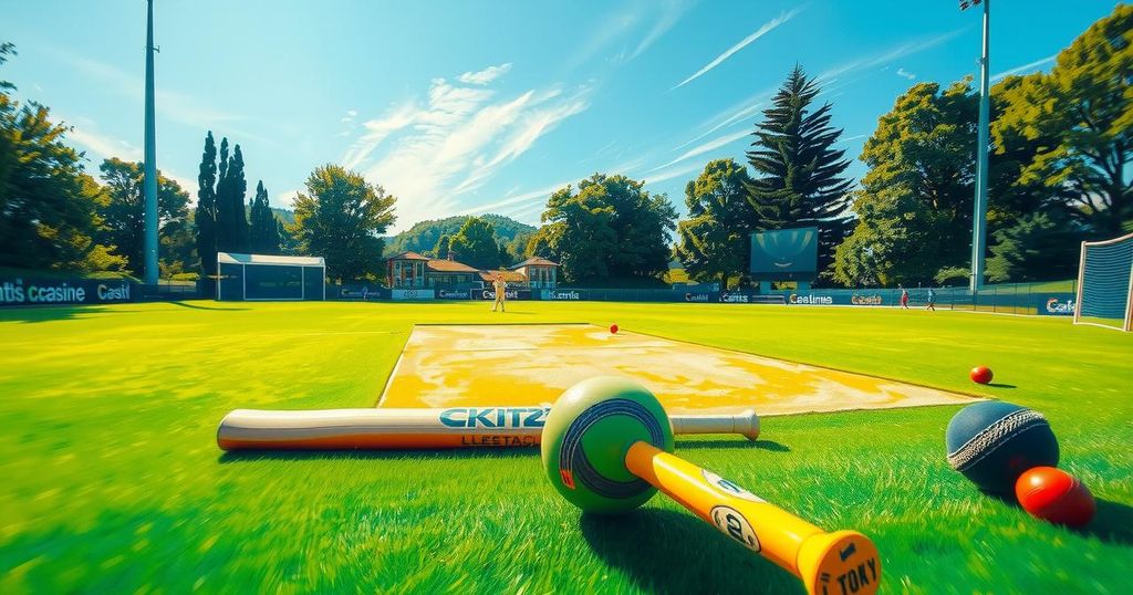 A cricket field with a lush green pitch under a bright blue sky, showcasing cricket equipment and a ball, inspired by Impressionism.