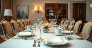 A diplomatic luncheon setting with a table set for two, featuring elegant tableware and a neutral color scheme.