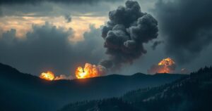 A dark, dramatic landscape with explosions and clouds of smoke rising from distant mountains, showcasing military operation.
