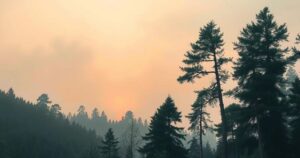 A scenic outdoor landscape showing smoke from wildfires under a hazy sky, with trees in silhouette.
