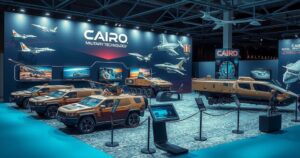 EDEX 2025 expo scene showcasing modern military technology and equipment in Cairo with vibrant colors and detailed designs.