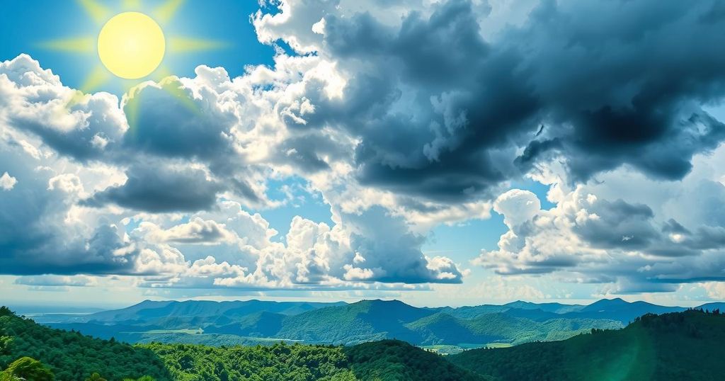 Varied weather conditions with sunny skies, clouds, and a hint of thunderstorms over a lush landscape in Ghana.