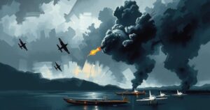Abstract representation of military airstrikes in a war-torn landscape under a stormy sky.