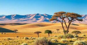 Vibrant landscape of South African savanna with rolling hills and acacia trees against a bright blue sky.