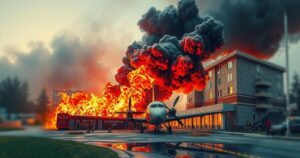 A fiery crash site in a medical complex after an airplane accident, illustrating chaos and smoke in the aftermath.
