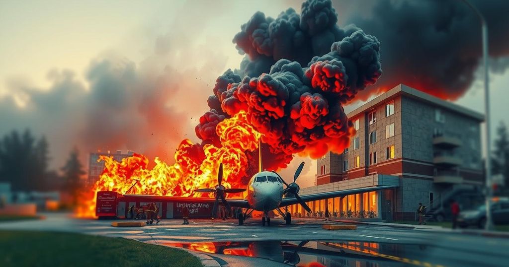 A fiery crash site in a medical complex after an airplane accident, illustrating chaos and smoke in the aftermath.