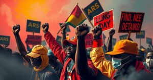 Protest scene in Nairobi with signs, raised fists, and a backdrop of smoke, captured in vibrant colors reflecting activism.