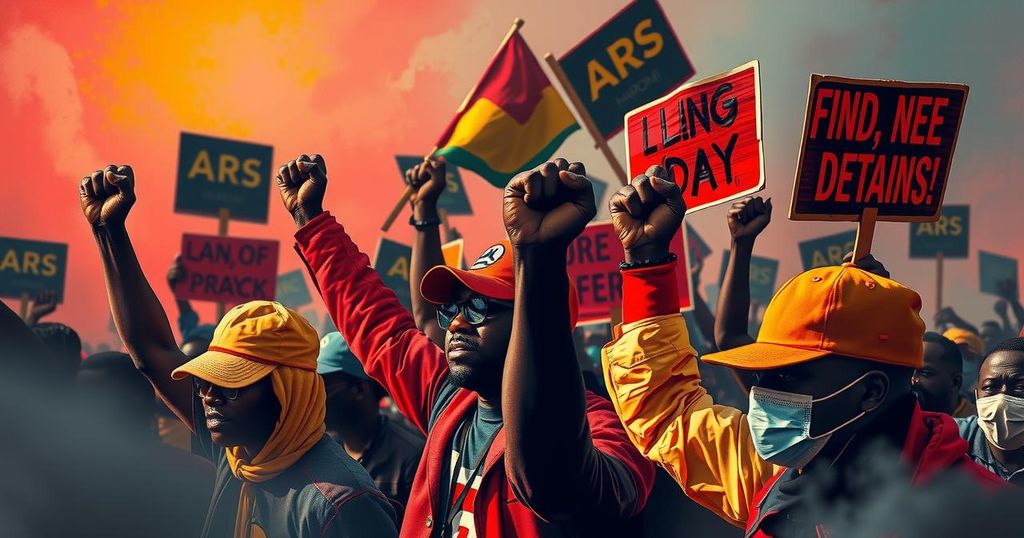 Protest scene in Nairobi with signs, raised fists, and a backdrop of smoke, captured in vibrant colors reflecting activism.