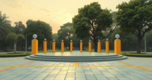 A somber scene depicting a public park in Bogota with an empty podium, surrounded by yellow and gray tones.