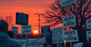 A peaceful protest scene with banners, signs, and candles, symbolizing the call for justice and accountability.