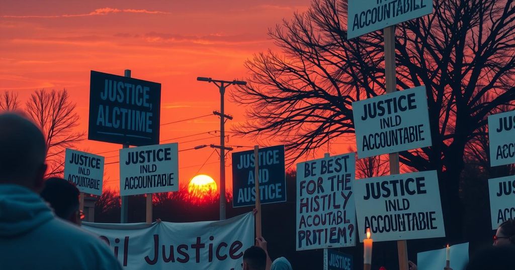 A peaceful protest scene with banners, signs, and candles, symbolizing the call for justice and accountability.