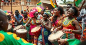 A vibrant celebration in Togo showing traditional drumming and dancing, with cultural outfits and joyful atmosphere.