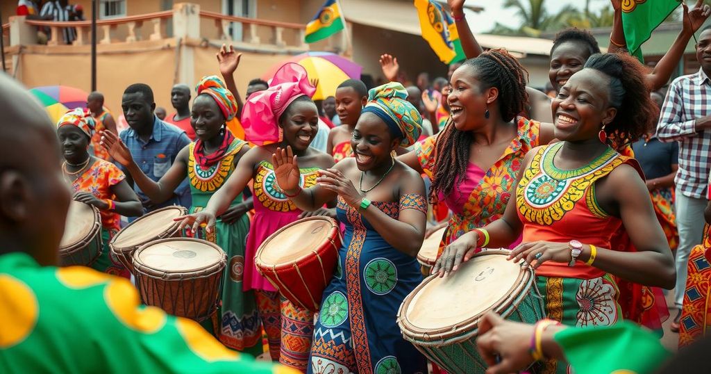 A vibrant celebration in Togo showing traditional drumming and dancing, with cultural outfits and joyful atmosphere.