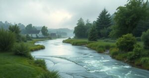 A serene landscape features a swollen river surrounded by lush greenery after heavy rainfall.