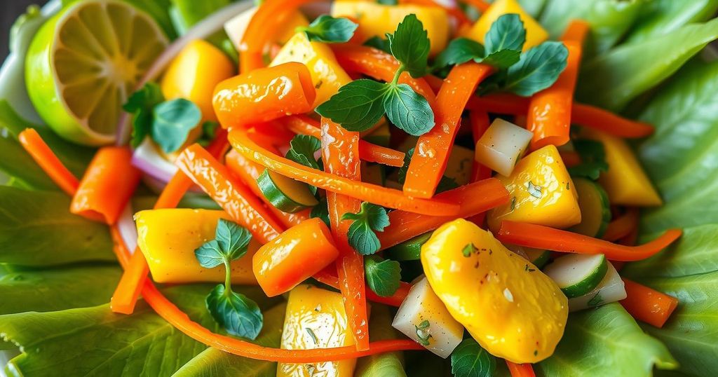 Colorful Vietnamese salad with fresh vegetables, herbs, and lime dressing, inspired by culinary traditions and summer freshness.
