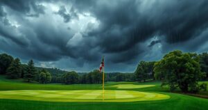 A drenched golf course at Oakmont during the U.S. Open with dark clouds and rain showers in the sky.