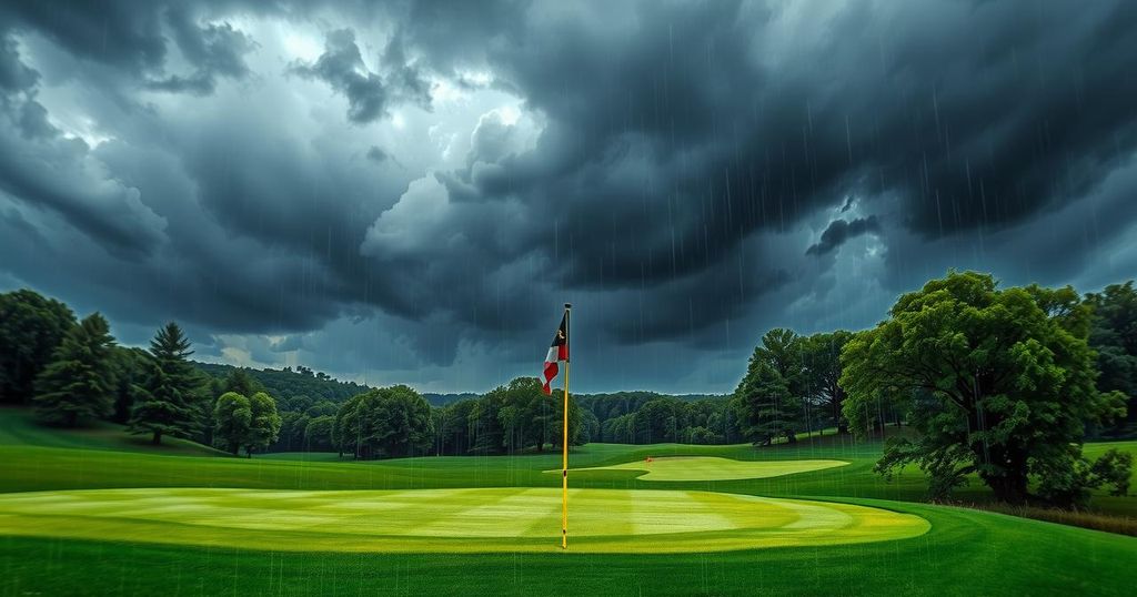 A drenched golf course at Oakmont during the U.S. Open with dark clouds and rain showers in the sky.