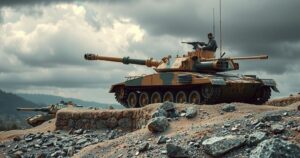 A military tank in a dusty landscape, surrounded by barren hills, illustrating the complexities of regional conflicts.